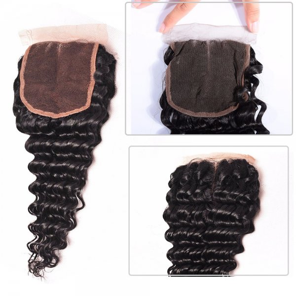 8A 3 Bundles Brazilian Deep Wave Virgin Human Remy Hair Weave With 4x4 Lace Closure