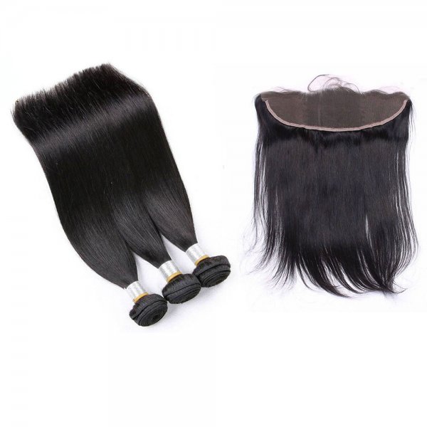 8A 3 Bundles Brazilian Straight Virgin Human Remy Hair Weave With 13x4 Lace Frontal Closure