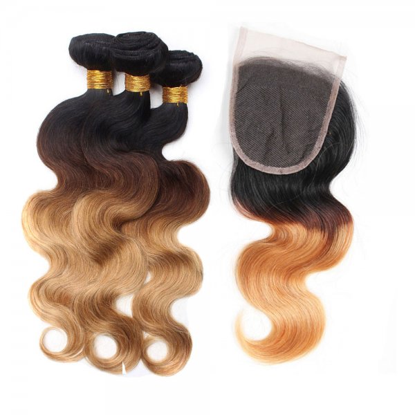 4 Bundles 1B/4/27 Ombre Brazilian Body Wave Human Remy Hair Weave With 4x4 Lace Closure
