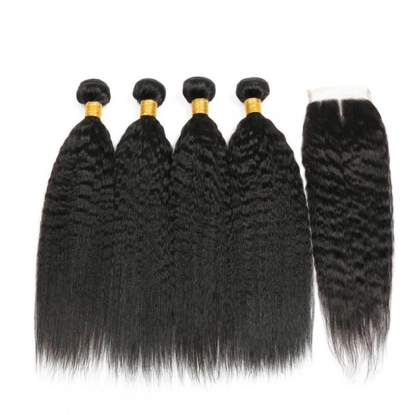 7A 4 Bundles Brazilian Kinky Straight Virgin Human Remy Hair Weave With 4x4 Lace Closure