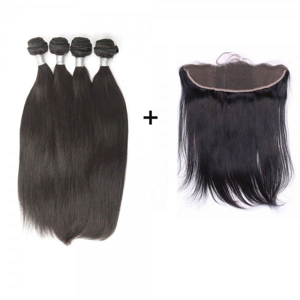 8A 4 Bundles Brazilian Straight Virgin Human Remy Hair Weave With 13x4 Lace Frontal Closure