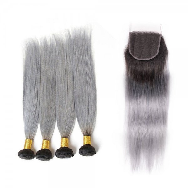 4 Bundles 1B/Grey Ombre Brazilian Straight Human Remy Hair Weave With 4x4 Lace Closure