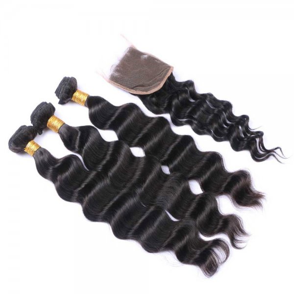 7A 3 Bundles Brazilian Loose Deep Virgin Human Remy Hair Weave With 4x4 Lace Closure