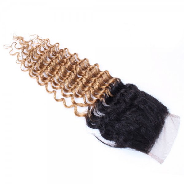 Ombre 1B/27 4x4 Lace Closure Deep Curly Human Brazilian Remy Hair