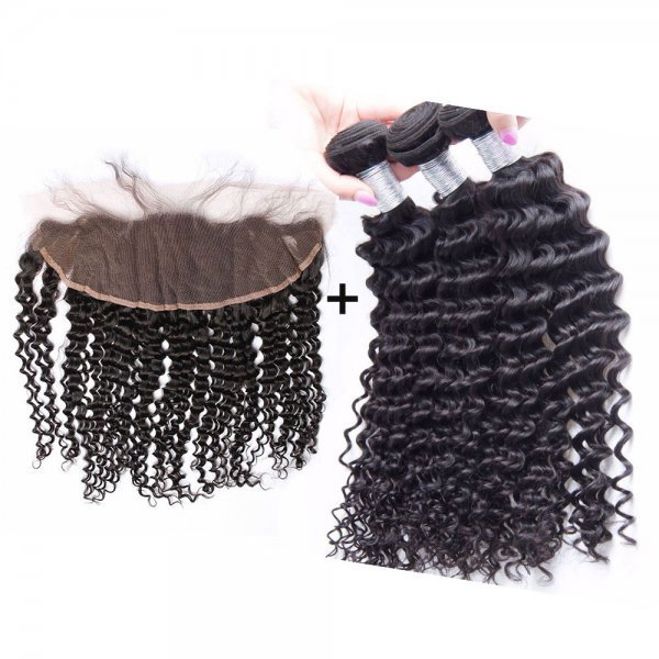 8A 3 Bundles Brazilian Deep Curly Virgin Human Remy Hair Weave With 13x4 Lace Frontal Closure