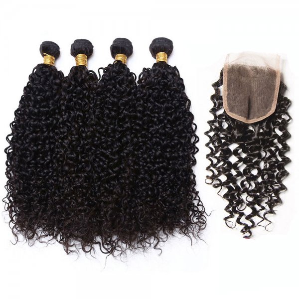 7A 4 Bundles Brazilian Kinky Curly Virgin Human Remy Hair Weave With 4x4 Lace Closure
