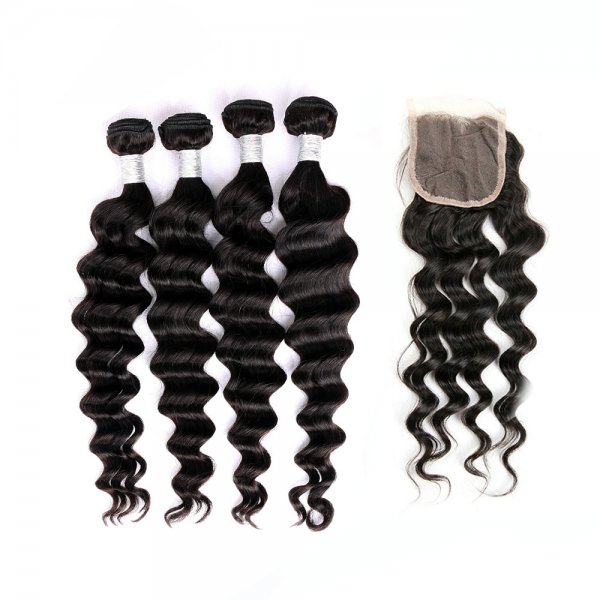 8A 4 Bundles Brazilian Loose Deep Virgin Human Remy Hair Weave With 4x4 Lace Closure
