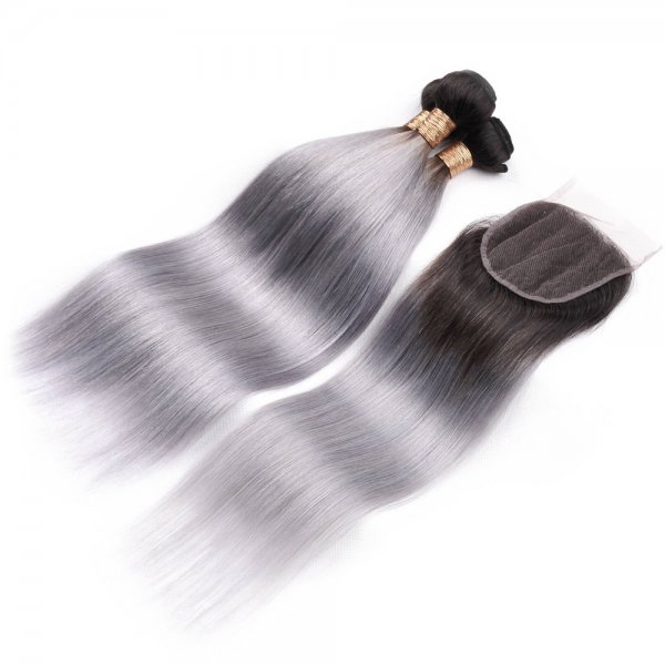 4 Bundles 1B/Grey Ombre Brazilian Straight Human Remy Hair Weave With 4x4 Lace Closure