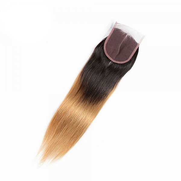 4 Bundles 1B/27 Ombre Brazilian Straight Human Remy Hair Weave With 4x4 Lace Closure