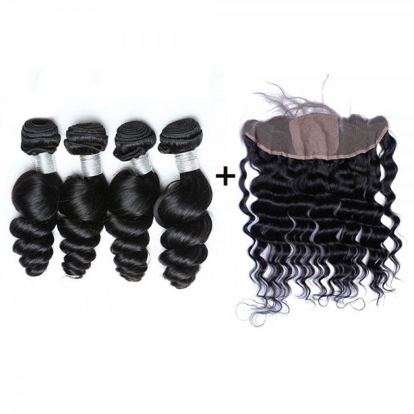 8A 4 Bundles Brazilian Loose Wave Virgin Human Remy Hair Weave With 13x4 Lace Frontal Closure