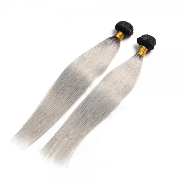2 Bundles 1B/Grey Ombre Brazilian Straight Human Remy Hair Weave