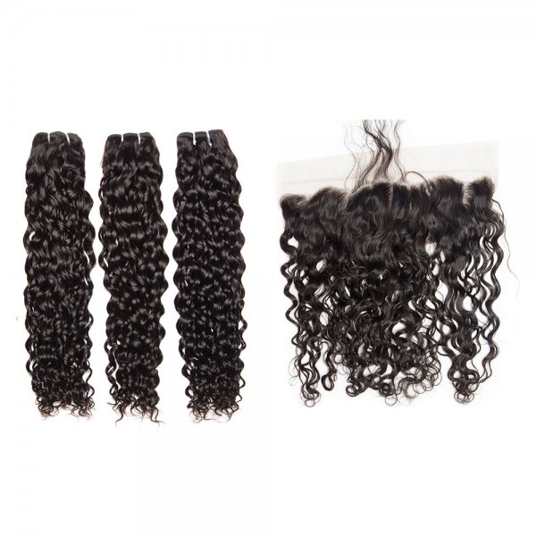 8A 3 Bundles Brazilian Natural Wave Virgin Human Remy Hair Weave With 13x4 Lace Frontal Closure