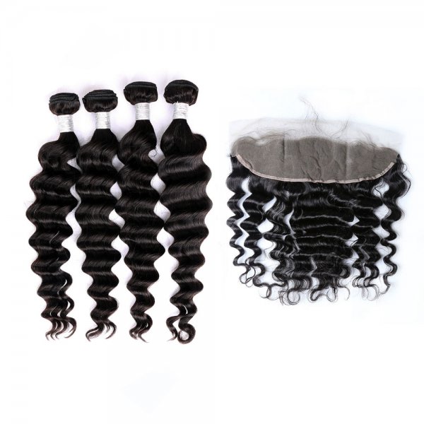 8A 4 Bundles Brazilian Loose Deep Virgin Human Remy Hair Weave With 13x4 Lace Frontal Closure