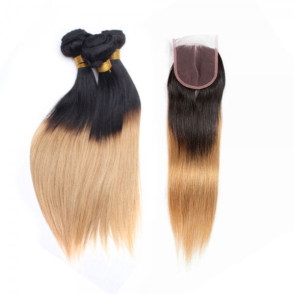 4 Bundles 1B/27 Ombre Brazilian Straight Human Remy Hair Weave With 4x4 Lace Closure