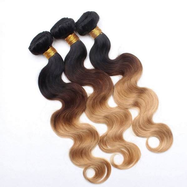 4 Bundles 1B/27 Ombre Brazilian Body Wave Human Remy Hair Weave With 4x4 Lace Closure