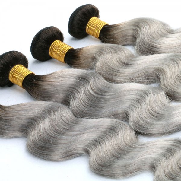 4 Bundles 1B/Grey Ombre Brazilian Body Wave Human Remy Hair Weave With 4x4 Lace Closure