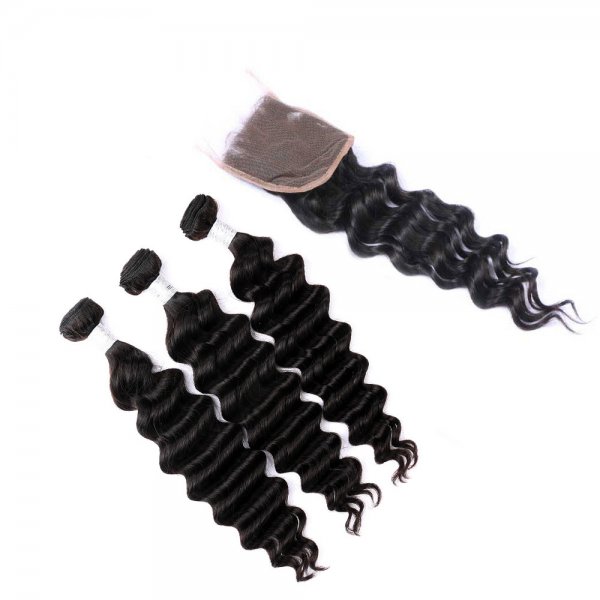 8A 3 Bundles Brazilian Loose Deep Virgin Human Remy Hair Weave With 4x4 Lace Closure
