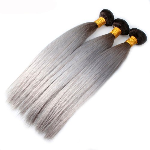 3 Bundles 1B/Grey Ombre Brazilian Straight Human Remy Hair Weave