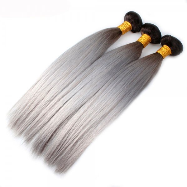 3 Bundles 1B/Grey Ombre Brazilian Straight Human Remy Hair Weave