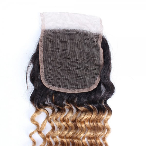 Ombre 1B/27 4x4 Lace Closure Deep Curly Human Brazilian Remy Hair