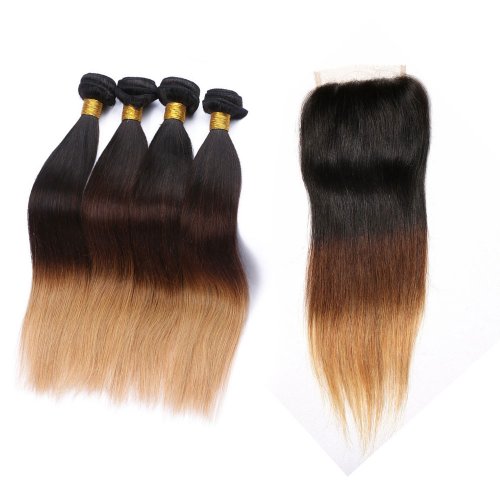 4 Bundles 1B/4/27 Ombre Brazilian Straight Human Remy Hair Weave With 4x4 Lace Closure