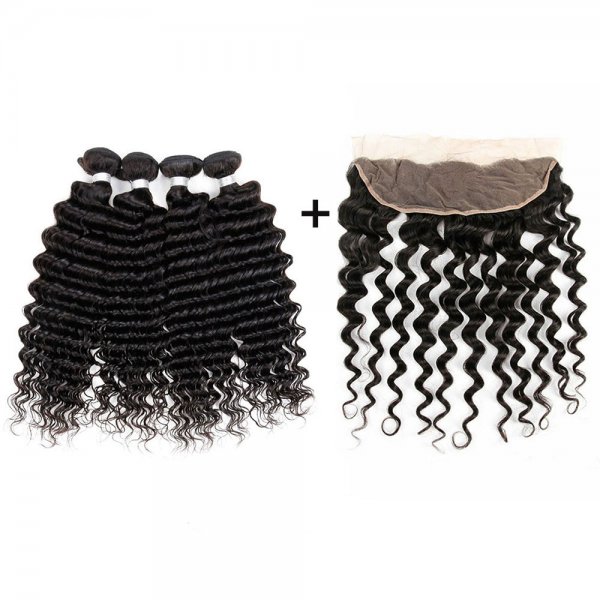 8A 4 Bundles Brazilian Deep Wave Virgin Human Remy Hair Weave With 13x4 Lace Frontal Closure