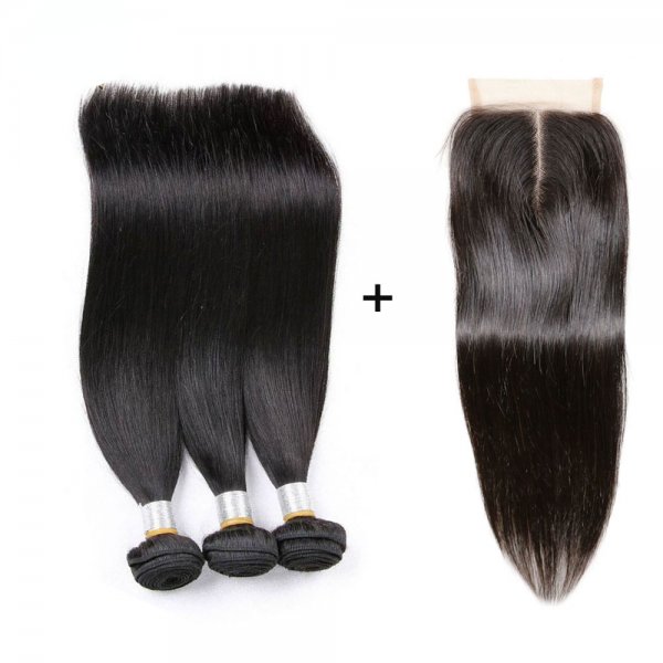 8A 3 Bundles Brazilian Straight Virgin Human Remy Hair Weave With 4x4 Lace Closure