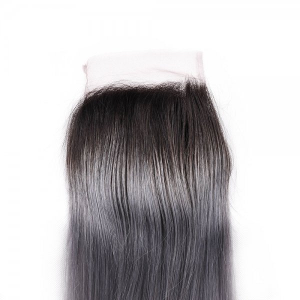 4 Bundles 1B/Grey Ombre Brazilian Straight Human Remy Hair Weave With 4x4 Lace Closure