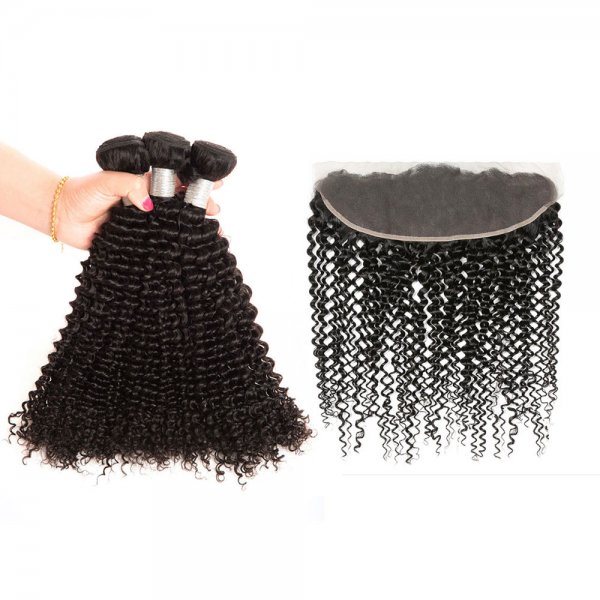 8A 3 Bundles Brazilian Kinky Curly Virgin Human Remy Hair Weave With 13x4 Lace Frontal Closure