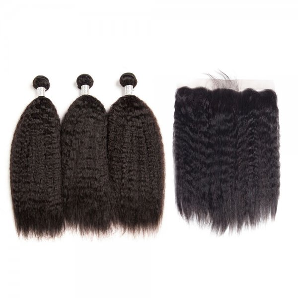 8A 3 Bundles Brazilian Kinky Straight Virgin Human Remy Hair Weave With 13x4 Lace Frontal Closure