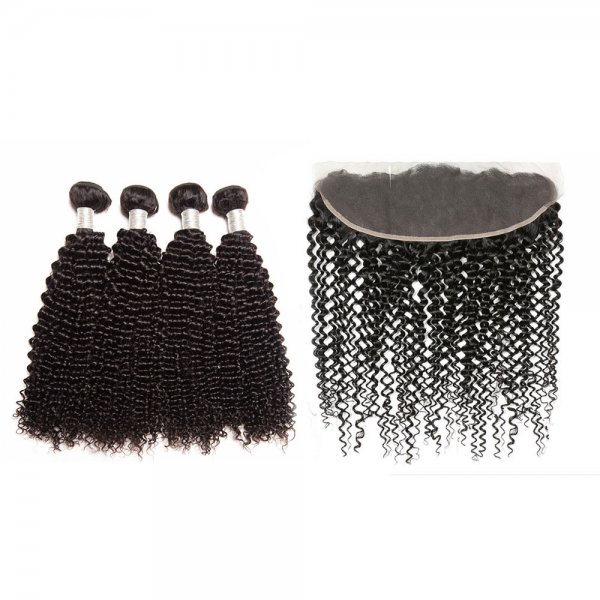 8A 4 Bundles Brazilian Kinky Curly Virgin Human Remy Hair Weave With 13x4 Lace Frontal Closure