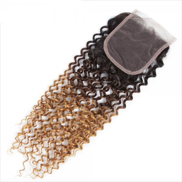 Ombre 1B/4/27 4x4 Lace Closure Deep Curly Human Brazilian Remy Hair
