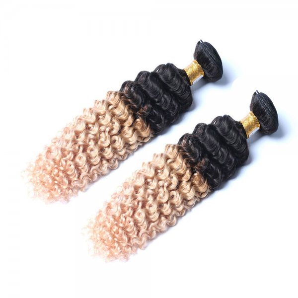 2 Bundles 1B/27 Ombre Brazilian Deep Curly Human Remy Hair Weave