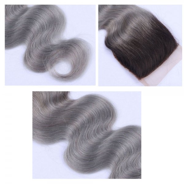 4 Bundles 1B/Grey Ombre Brazilian Body Wave Human Remy Hair Weave With 4x4 Lace Closure