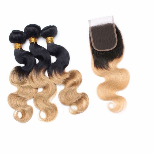 3 Bundles 1B/27 Ombre Brazilian Body Wave Human Remy Hair Weave With 4x4 Lace Closure