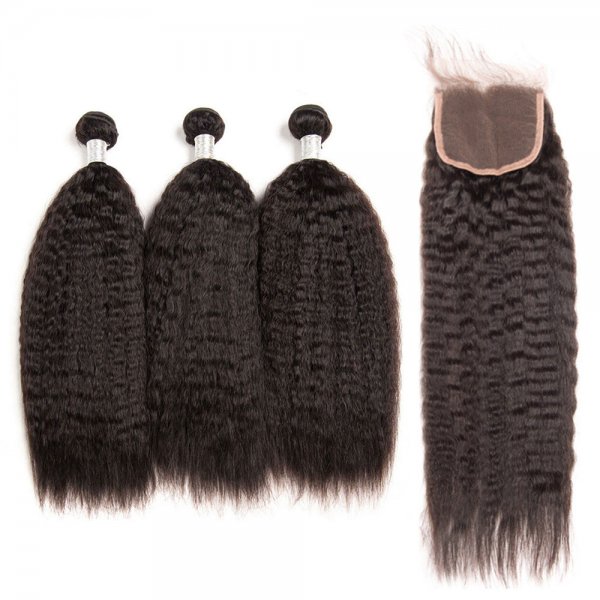 8A 3 Bundles Brazilian Kinky Straight Virgin Human Remy Hair Weave With 4x4 Lace Closure
