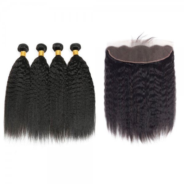 7A 4 Bundles Brazilian Kinky Straight Virgin Human Remy Hair Weave With 13x4 Lace Frontal Closure
