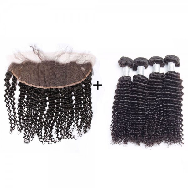8A 4 Bundles Brazilian Deep Curly Virgin Human Remy Hair Weave With 13x4 Lace Frontal Closure