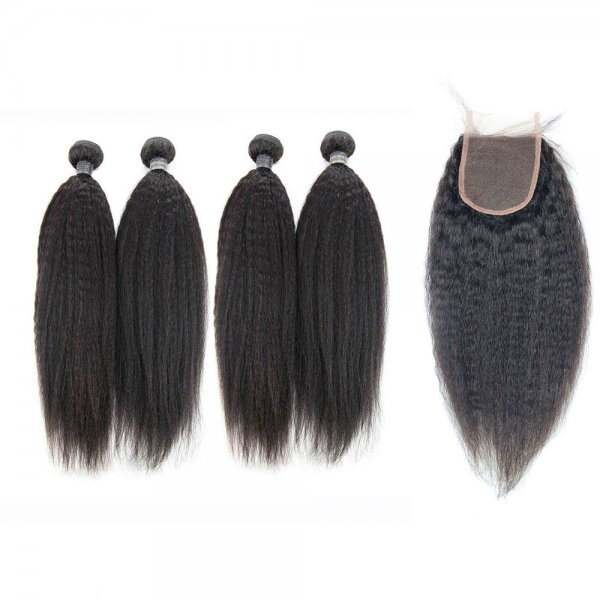 8A 4 Bundles Brazilian Kinky Straight Virgin Human Remy Hair Weave With 4x4 Lace Closure