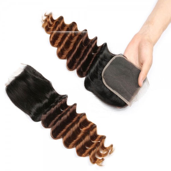 4 Bundles 1B/27 Ombre Brazilian Deep Wave Human Remy Hair Weave With 4x4 Lace Closure
