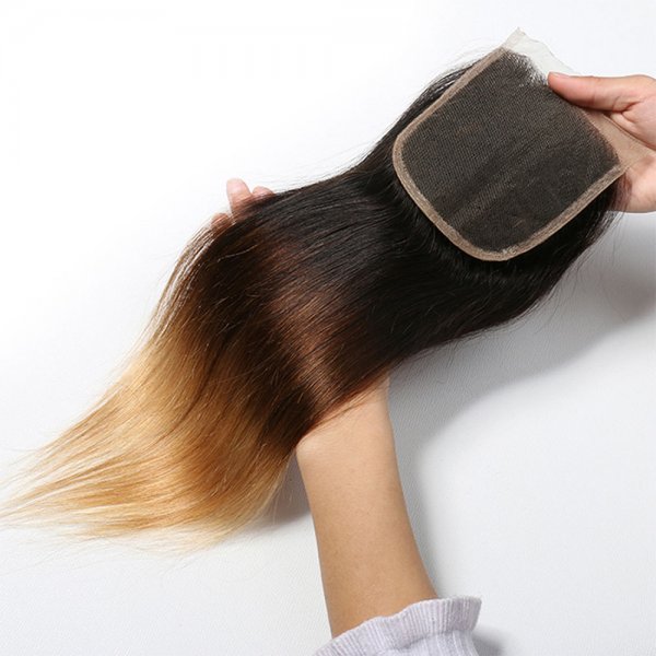 3 Bundles 1B/4/27 Ombre Brazilian Straight Human Remy Hair Weave With 4x4 Lace Closure