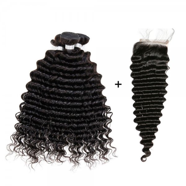 8A 3 Bundles Brazilian Deep Wave Virgin Human Remy Hair Weave With 4x4 Lace Closure