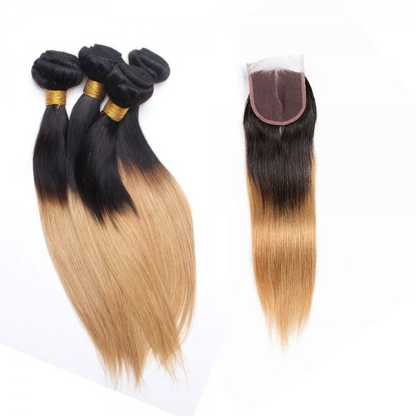 4 Bundles 1B/27 Ombre Brazilian Straight Human Remy Hair Weave With 4x4 Lace Closure