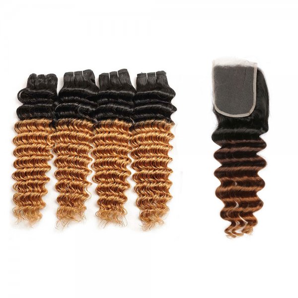 4 Bundles 1B/27 Ombre Brazilian Deep Wave Human Remy Hair Weave With 4x4 Lace Closure