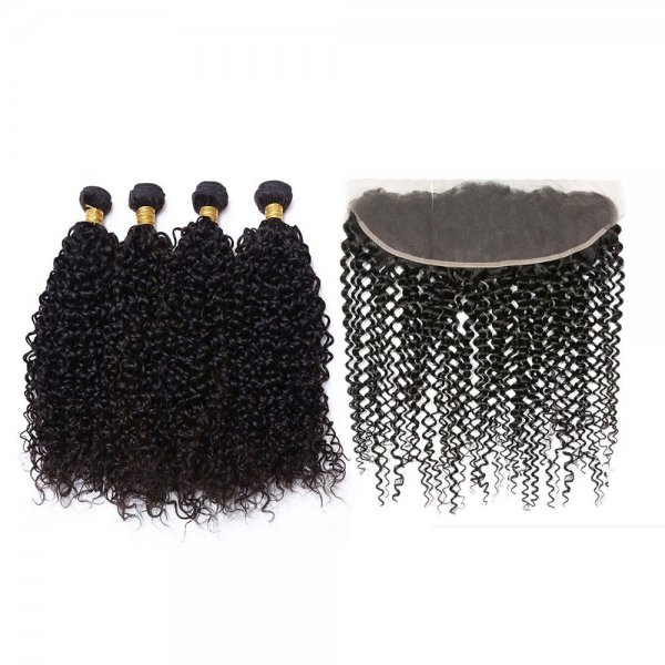 7A 4 Bundles Brazilian Kinky Curly Virgin Human Remy Hair Weave With 13x4 Lace Frontal Closure