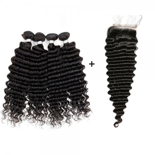 8A 4 Bundles Brazilian Deep Wave Virgin Human Remy Hair Weave With 4x4 Lace Closure