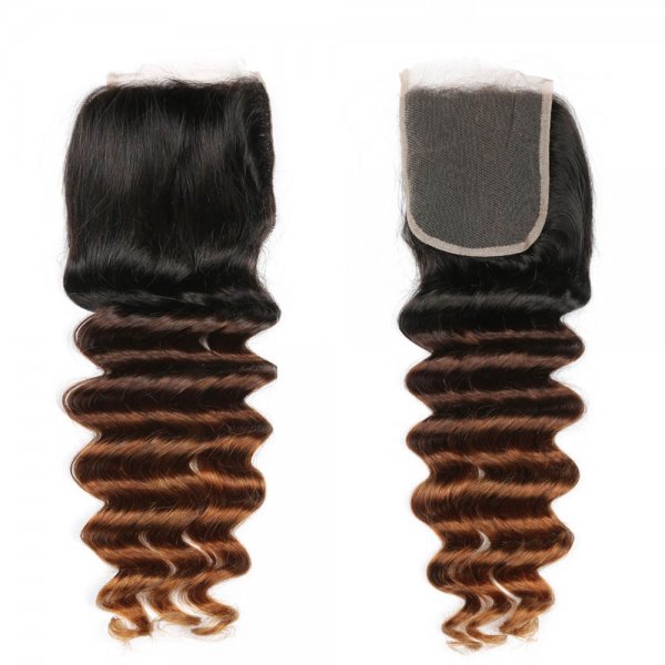 Ombre 1B/4/27 4x4 Lace Closure Deep Wave Human Brazilian Remy Hair