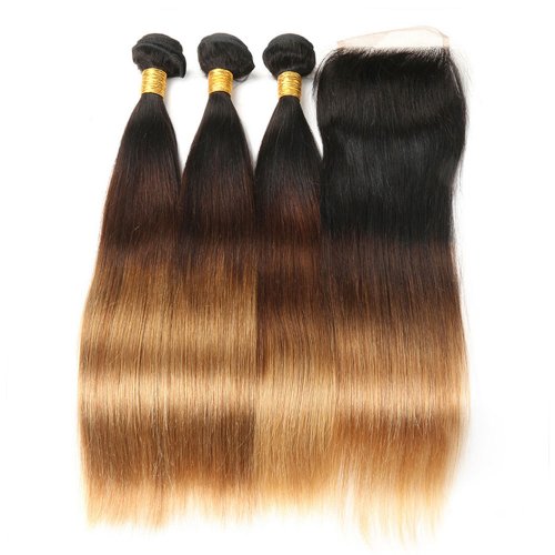 3 Bundles 1B/4/27 Ombre Brazilian Straight Human Remy Hair Weave With 4x4 Lace Closure