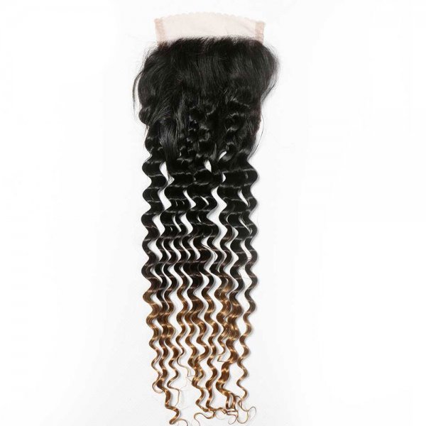 Ombre 1B/4/27 4x4 Lace Closure Deep Wave Human Brazilian Remy Hair