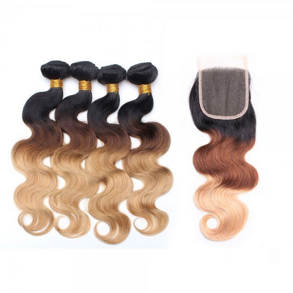 4 Bundles 1B/4/27 Ombre Brazilian Body Wave Human Remy Hair Weave With 4x4 Lace Closure